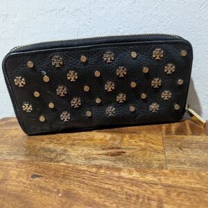 RARE Tory Burch rare black leather‎ with gold logos & studs wallet